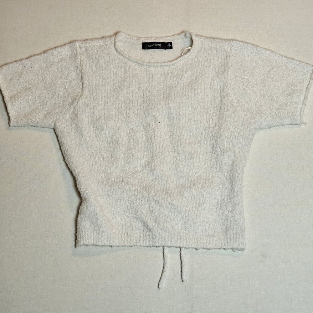 Glassons Sweater Top S White Short Sleeve Soft Knit‎ Back Tie Crop Pullover